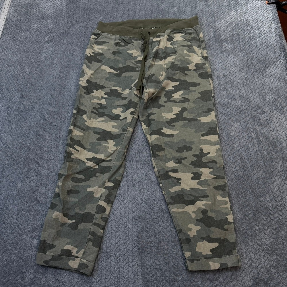 Lucky Brand Camo Joggers Women L Green Linen Blend Drawstring Utility Pants 25"